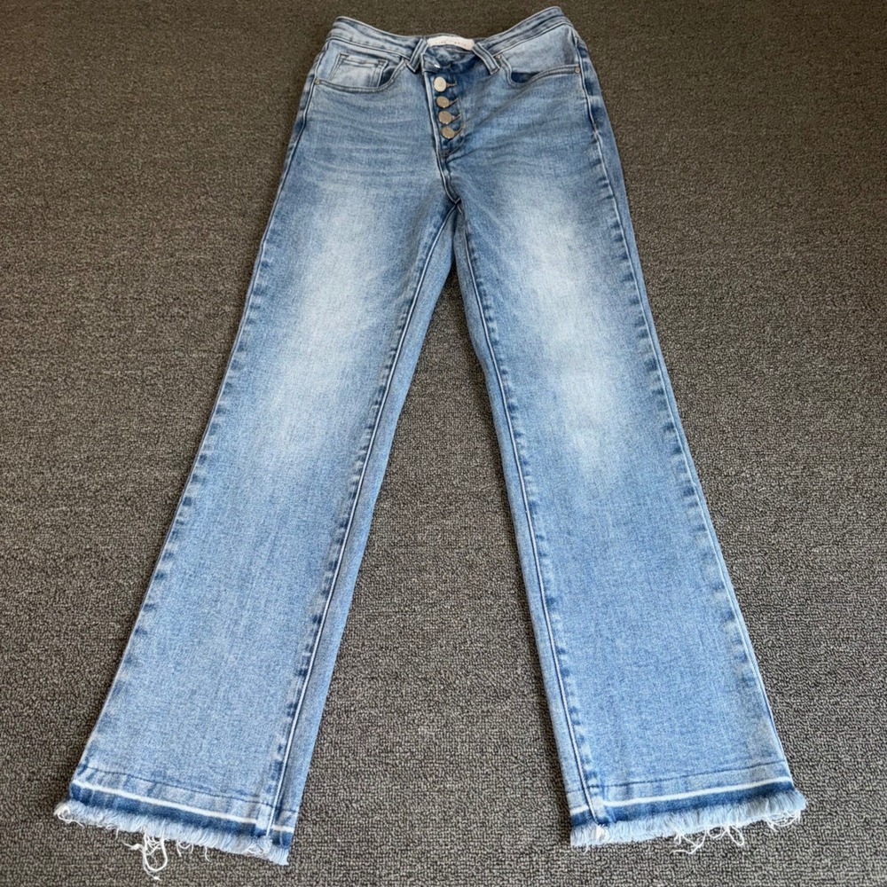 Risen Jeans High Rise Straight Leg Button Fly Frayed Hem Light Wash Size 1/25